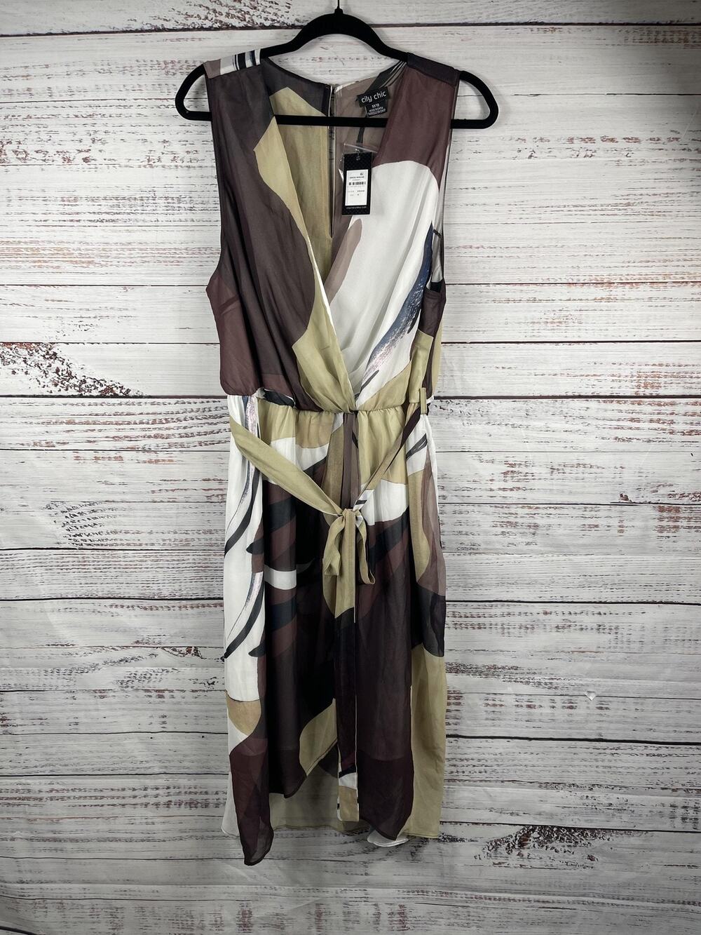 City Chic Dress Women's Size Medium Mirage Print Sleeveless Wrap Tie Waist Midi